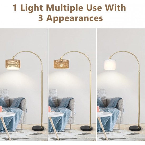 Arc Floor Lamp for bedroom with Rattan & Linen Shades, Gold Floor Lamp with Remote & Dimming Bulb, Rustic Standing Lamp with 3 Color Temperatures, Adjustable Height Farmhouse Tall Lamp for Living Room