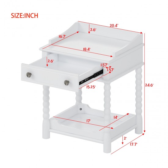 Retro Style Nightstand with Drawer and Open Shelf for Bedroom, Bedside Table with Turned Legs and Metal Handle,White