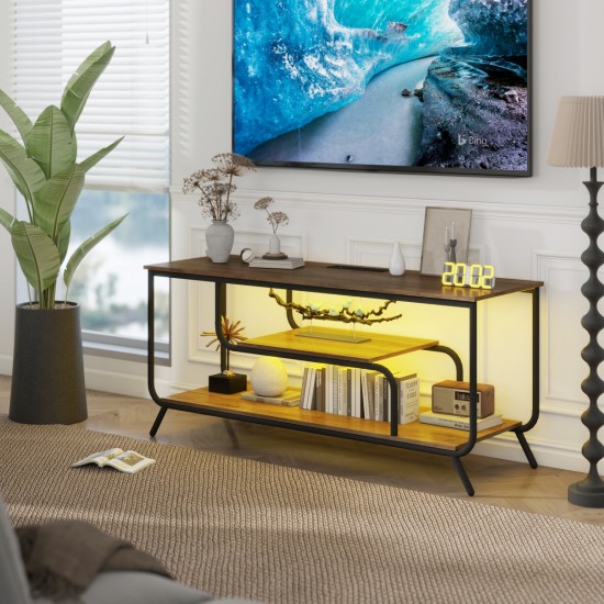 TV Stand with Power Outlets and LED Lights - TV Stand for TVs up to 55 Inch, Entertainment Center with Shelves, Modern TV Console Table for Living Room & Bedroom, Light Gray