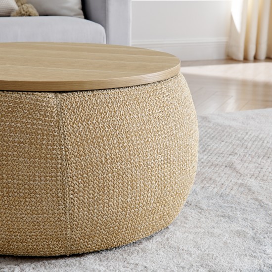 Round Storage Ottoman, Woven rattan fabric Ottoman, 2 in 1 Function, Work as End table and Ottoman,with small seat-nature(25 Inch x25 Inch x14.7 Inch )