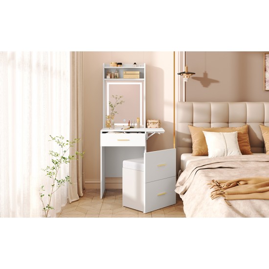 Small Vanity Desk with Mirror and Light, Dressing Table with Charging Station & Fold-up Panel for Small Space, Compact Makeup Vanity Set with Hidden Stool for Bedroom, White