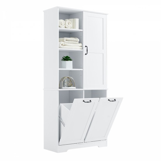 Bathroom Storage Cabinet with Doors and Drawers, Tilt-Out Laundry Hamper, Multiple Storage Space, Freestanding Style, Open Shelve, Adjustable Shelf, White (Old Sku:WF530560AAK)