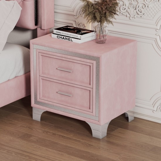 Mid Century Vintage Nightstand with Metal Legs for Bedroom, Velvet Bedside Table with 2 Drawers, Fully Assembled Except Legs and Handles, Pink