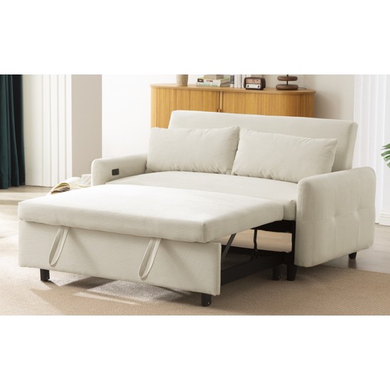 57.48 Inch  Pull-out Sofa Bed Convertible Couch 2 Seat Loveseat Sofa Modern Sleeper Sofa with Two Throw Pillows and USB Ports for Living Room, Beige(Old Sku:WF317760AAA)