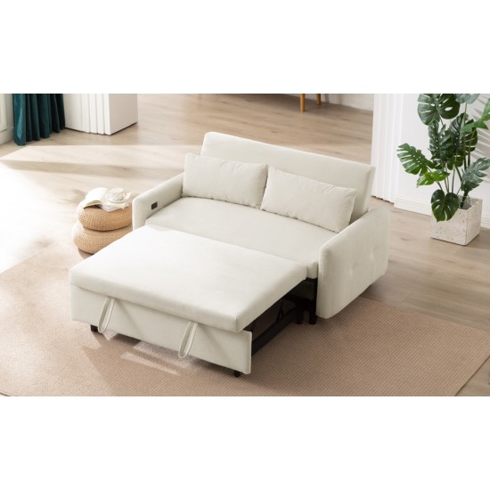 57.48 Inch  Pull-out Sofa Bed Convertible Couch 2 Seat Loveseat Sofa Modern Sleeper Sofa with Two Throw Pillows and USB Ports for Living Room, Beige(Old Sku:WF317760AAA)