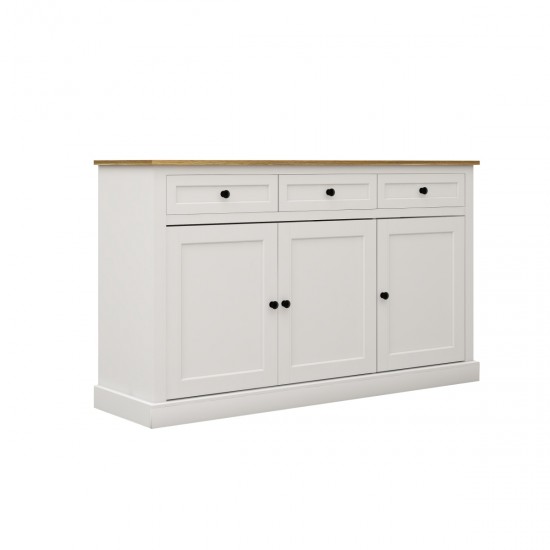 Buffet Cabinet Storage Sideboard Farmhouse Server Bar Wine Cabinet with 3 Drawers & 3 Doors Adjustable Shelves for Dining Living Room Kitchen Cupboard-White