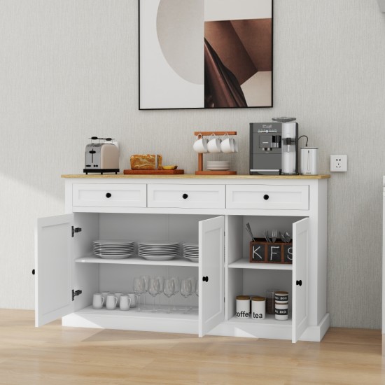 Buffet Cabinet Storage Sideboard Farmhouse Server Bar Wine Cabinet with 3 Drawers & 3 Doors Adjustable Shelves for Dining Living Room Kitchen Cupboard-White