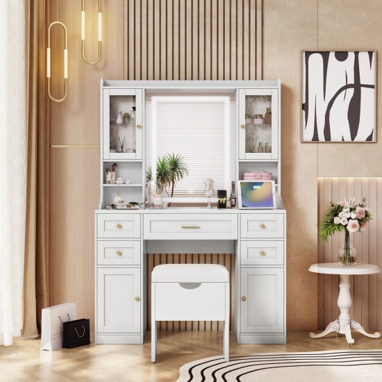 41.4 Inch  Makeup Vanity Desk with Mirror and Lights, Makeup Table with 5 Drawers and 4 Cabinets, Dressing Table with Charging Station and Cushioned Storage Stool for Bedroom, White