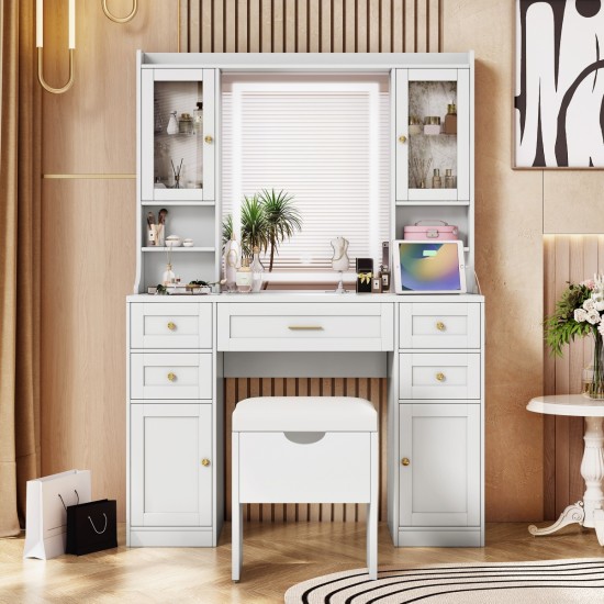 41.4 Inch  Makeup Vanity Desk with Mirror and Lights, Makeup Table with 5 Drawers and 4 Cabinets, Dressing Table with Charging Station and Cushioned Storage Stool for Bedroom, White