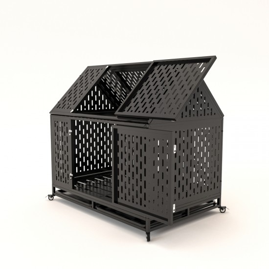 45 Inch  Heavy Duty Dog Crate Indestructible Pet Dog Cage Crate Kennel with Roof Top 2 Doors Removable Trays, Lockable Wheels, Escape-Proof for High Anxiety Large/Extra Dogs