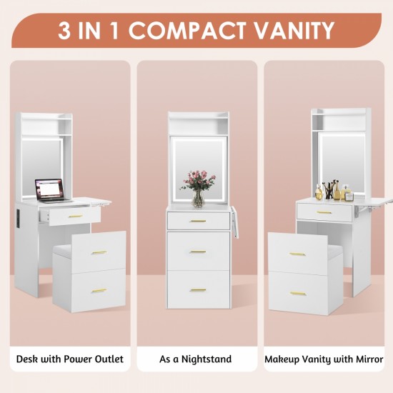 Small Vanity Desk with Mirror and Light, Dressing Table with Charging Station & Fold-up Panel for Small Space, Compact Makeup Vanity Set with Hidden Stool for Bedroom, White