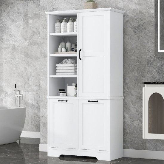 Bathroom Storage Cabinet with Doors and Drawers, Tilt-Out Laundry Hamper, Multiple Storage Space, Freestanding Style, Open Shelve, Adjustable Shelf, White (Old Sku:WF530560AAK)