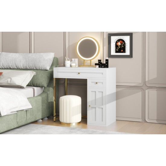 31.5'' Makeup Vanity Desk with Lighted Mirror, Luxury Dressing Table with 2 Drawers and 1 Cabinet, 3 Lighting Modes Available for Bedroom, White-Gold