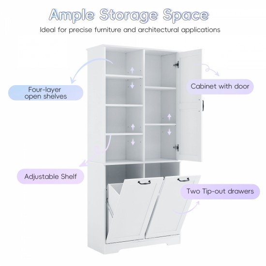 Bathroom Storage Cabinet with Doors and Drawers, Tilt-Out Laundry Hamper, Multiple Storage Space, Freestanding Style, Open Shelve, Adjustable Shelf, White (Old Sku:WF530560AAK)