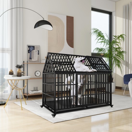 54 Inch  Heavy Duty Dog Crate Large Dog cage Strong Metal Dog Kennels and Crates for Large Dogs Top Open with 2 Doors 4 Lockable Wheels 2 Removable Trays