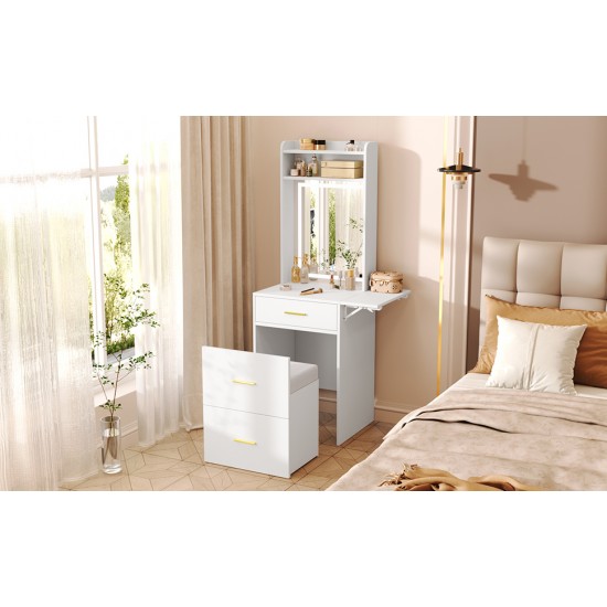 Small Vanity Desk with Mirror and Light, Dressing Table with Charging Station & Fold-up Panel for Small Space, Compact Makeup Vanity Set with Hidden Stool for Bedroom, White