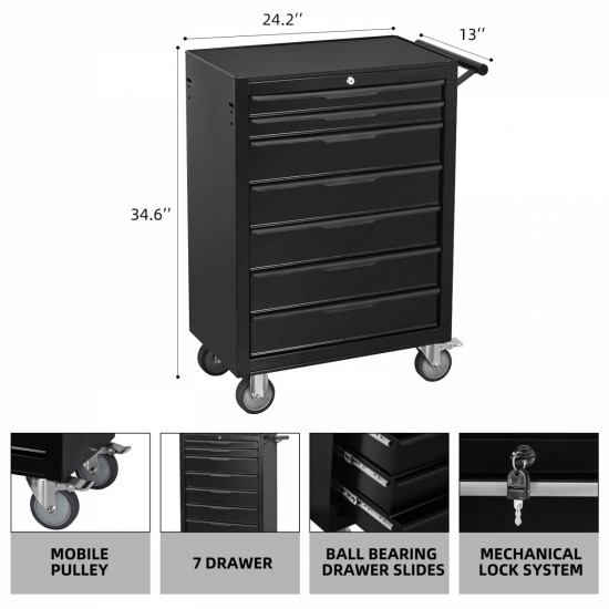 7-Drawer Rolling Tool Chest Cabinet, Large Capacity Metal  Tool Box with Wheels and Cylinder Locking, Roll Around Storage Organizer Tool Cart for Garage, Warehouse, Work Shop - Black