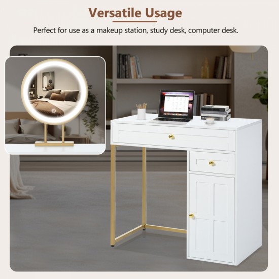 31.5'' Makeup Vanity Desk with Lighted Mirror, Luxury Dressing Table with 2 Drawers and 1 Cabinet, 3 Lighting Modes Available for Bedroom, White-Gold