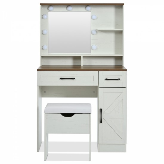 Farmhouse Makeup Vanity Desk with Mirror and Lights, 3 Lighting Modes, Vanity Set with Stool, Dressing Table with Adjustable Shelves,2 Drawers and Side Cabinet for Bedroom, White