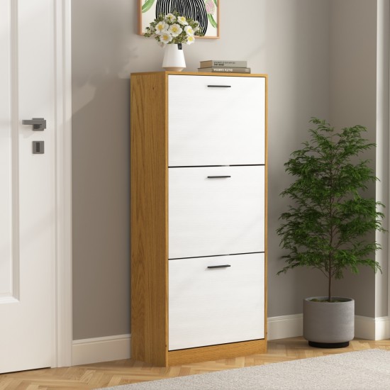 Shoe Storage Cabinet with 3 White Panel Flip Drawers, Freestanding Organizer for Entryway, Narrow Shoe Rack Cabinet