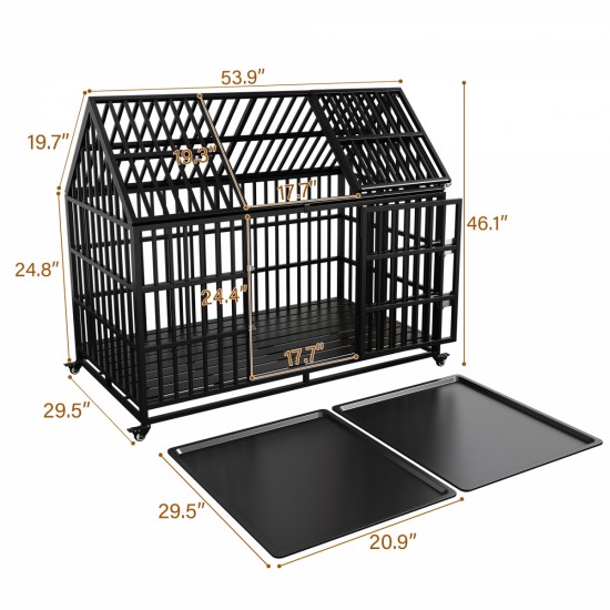 54 Inch  Heavy Duty Dog Crate Large Dog cage Strong Metal Dog Kennels and Crates for Large Dogs Top Open with 2 Doors 4 Lockable Wheels 2 Removable Trays