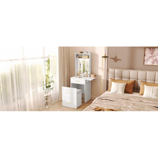 Small Vanity Desk with Mirror and Light, Dressing Table with Charging Station & Fold-up Panel for Small Space, Compact Makeup Vanity Set with Hidden Stool for Bedroom, White