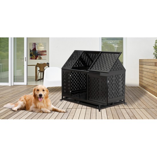 45 Inch  Heavy Duty Dog Crate Indestructible Pet Dog Cage Crate Kennel with Roof Top 2 Doors Removable Trays, Lockable Wheels, Escape-Proof for High Anxiety Large/Extra Dogs