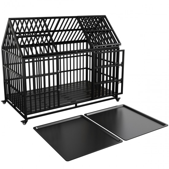 54 Inch  Heavy Duty Dog Crate Large Dog cage Strong Metal Dog Kennels and Crates for Large Dogs Top Open with 2 Doors 4 Lockable Wheels 2 Removable Trays