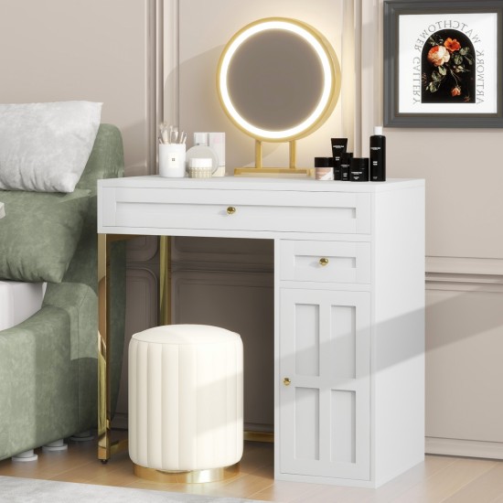 31.5'' Makeup Vanity Desk with Lighted Mirror, Luxury Dressing Table with 2 Drawers and 1 Cabinet, 3 Lighting Modes Available for Bedroom, White-Gold