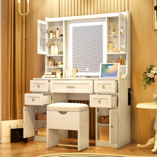 41.4 Inch  Makeup Vanity Desk with Mirror and Lights, Makeup Table with 5 Drawers and 4 Cabinets, Dressing Table with Charging Station and Cushioned Storage Stool for Bedroom, White