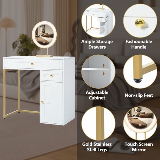 31.5'' Makeup Vanity Desk with Lighted Mirror, Luxury Dressing Table with 2 Drawers and 1 Cabinet, 3 Lighting Modes Available for Bedroom, White-Gold