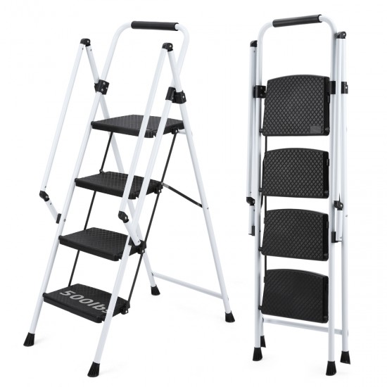 White four-step ladder, light folding four-step stool, wide anti-skid pedal and safety handle, strong steel ladder, multi-purpose ladder, applicable to family, kitchen, office elevator