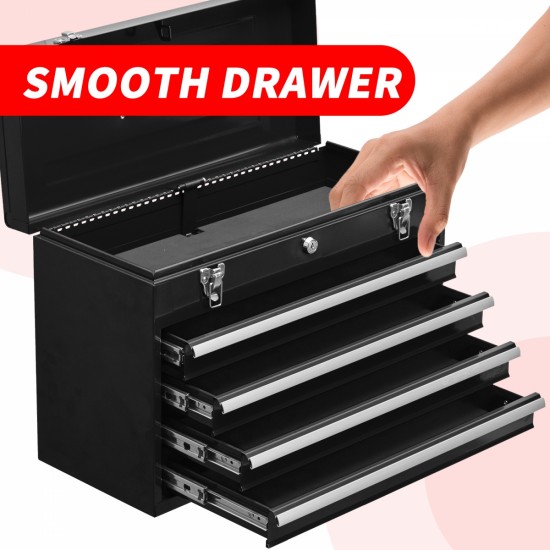 Metal Tool Box with 4 Drawers Portable Steel Tool Chest with Metal Cylinder Lock and Latch Closure, Liner, Powder coating, suitable for Garage, Warehouse and Outdoor Repair job-Black