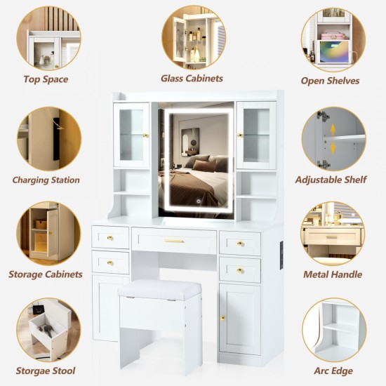 41.4 Inch  Makeup Vanity Desk with Mirror and Lights, Makeup Table with 5 Drawers and 4 Cabinets, Dressing Table with Charging Station and Cushioned Storage Stool for Bedroom, White