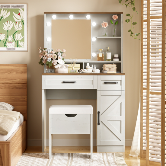 Farmhouse Makeup Vanity Desk with Mirror and Lights, 3 Lighting Modes, Vanity Set with Stool, Dressing Table with Adjustable Shelves,2 Drawers and Side Cabinet for Bedroom, White