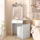 Small Vanity Desk with Mirror and Light, Dressing Table with Charging Station & Fold-up Panel for Small Space, Compact Makeup Vanity Set with Hidden Stool for Bedroom, White