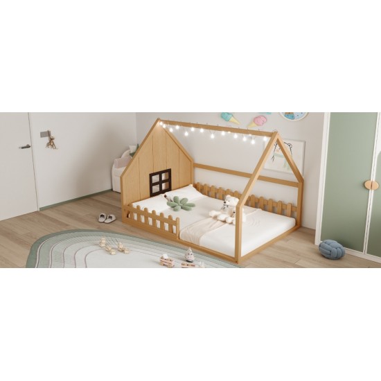 Full Size Wood House Bed with Window and Fence, Natural(Old SKU: WF304147AA)