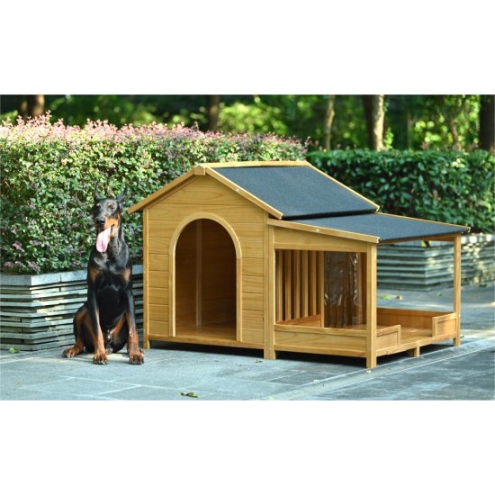 60.2 Inch  Large Wooden Dog House with Porch, Cabin Style Dog Crate with Asphalt Roof and Elevated Floor, Dog Kennel with Side Window and Doors, Perfect for Medium & Large Dogs, Nature