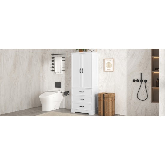 Tall Bathroom Storage Cabinet, Cabinet with Two Doors and Drawers, Adjustable Shelf, MDF Board, White