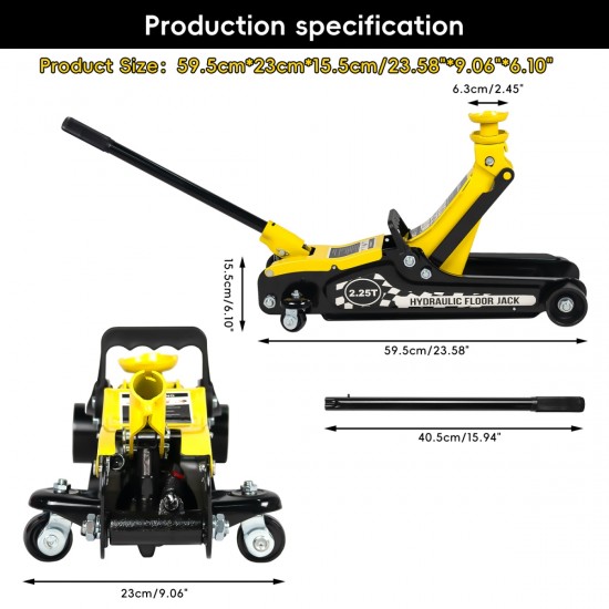 Lifting Range 4.33 Inch -14.17 Inch ,2.25Ton Hydraulic Floor Jack,3 Ton Jack Stands,Tire Repair kit,Yellow,Low Profile Service Jack,4960 LB Capacity,Double Locking Pins