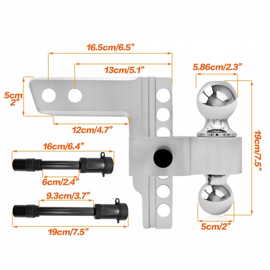 Adjustable Trailer Hitch Mount with 2 Inch  and 2-5/16 Inch  Ball, Fit Standard 2 inch Receiver, 6 inch Drop/Rise, Towing Capacity 5000-12500 LBS, Heavy Duty Aluminum Dual-Balls Trailer Hitch, Silver