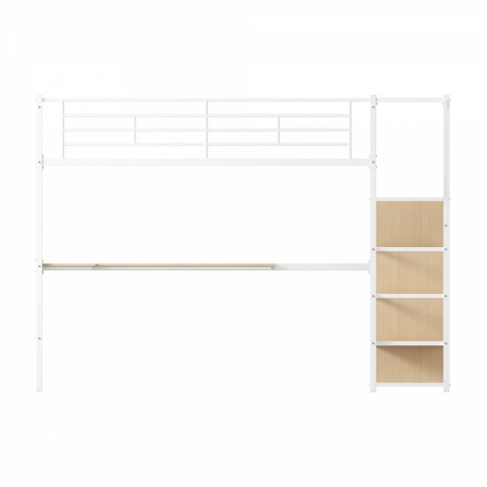 Twin Loft Bed with Desk and Storage Wardrobe, Heavy Duty Loft Bed with Stairs and Metal Grid, Twin Size Loft Bed, No Box Spring Needed, White Loft Bed Twin Size-White