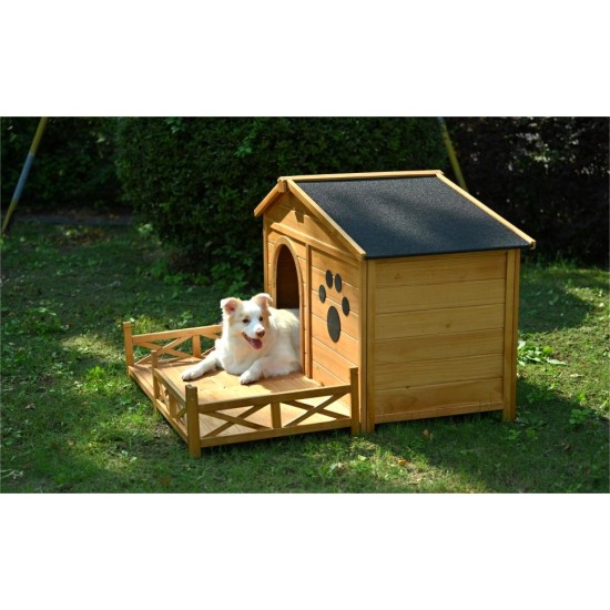 48 Inch  Wooden Dog House Outdoor with Porch, Dog Kennel with Water-Resistant Asphalt Roof and Fencing,Indoor & Outdoor Dog Crate with Paw Print, Medium, Nature