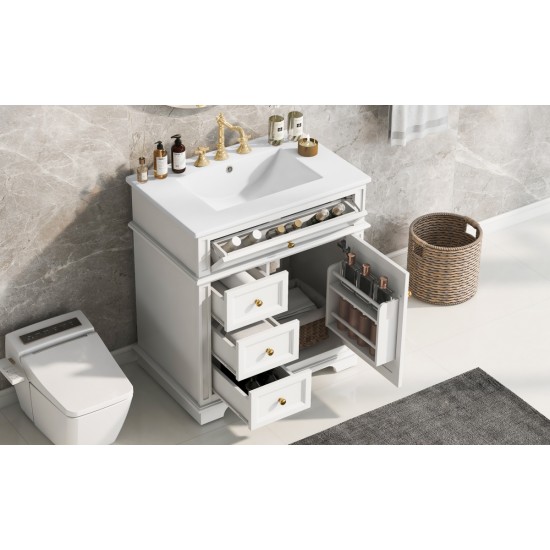 30 Inch  Bathroom Vanity with Sink, One Tip-out Drawer, Three Drawers, Door Shelf, Soft Closing Door, White