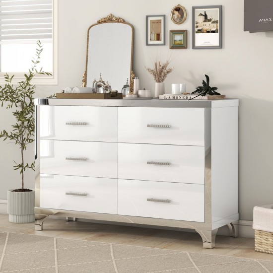 Elegant High Gloss Dresser with Metal Handle,Mirrored Storage Cabinet with 6 Drawers for Bedroom,Living Room,White