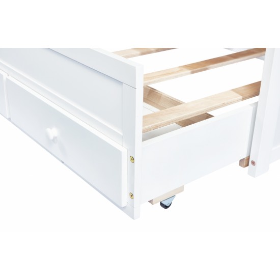 Twin Size Bed with Headboard, Footboard, Trundle and Three Storage Drawers, Twin Size Pine Wood Bed with Headboard, Footboard,White