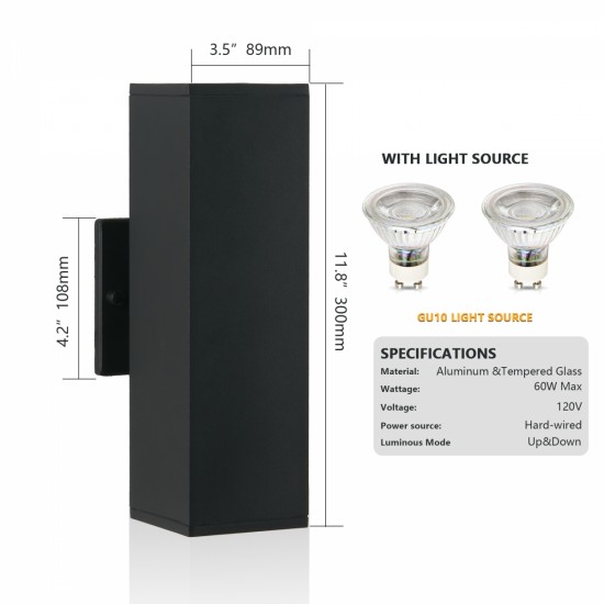 2-Pack Outdoor Wall Sconce, Modern Up and Down Weatherproof Wall Light, Black Aluminum Exterior Wall Mount Light Fixture, Ideal for Porch, Patio, Garage