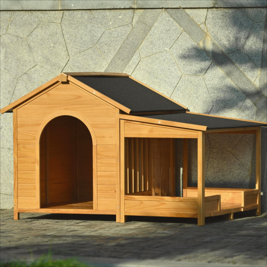 60.2 Inch  Large Wooden Dog House with Porch, Cabin Style Dog Crate with Asphalt Roof and Elevated Floor, Dog Kennel with Side Window and Doors, Perfect for Medium & Large Dogs, Nature