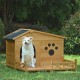 48 Inch  Wooden Dog House Outdoor with Porch, Dog Kennel with Water-Resistant Asphalt Roof and Fencing,Indoor & Outdoor Dog Crate with Paw Print, Medium, Nature