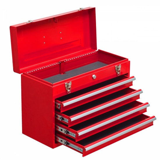 Metal Tool Box with 4 Drawers Portable Steel Tool Chest with Metal Cylinder Lock and Latch Closure, Liner, Red Powder coating, suitable for Garage, Warehouse and Outdoor Repair job-Red